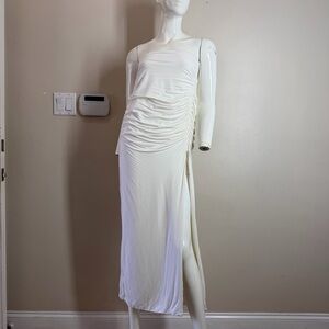 Klassy Network White Ruched Bodycon Strapless Dress Side Slit XL